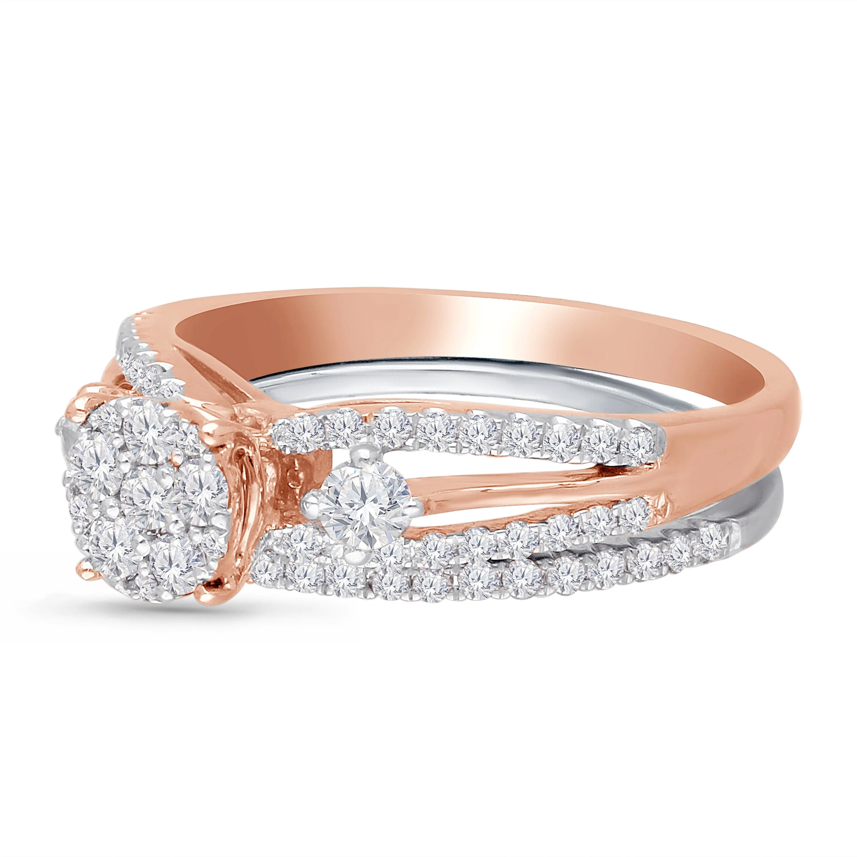 Kallati Eternal Round Cluster Diamond Ring in 14K Rose Gold with matching 14K White Gold Diamond Band