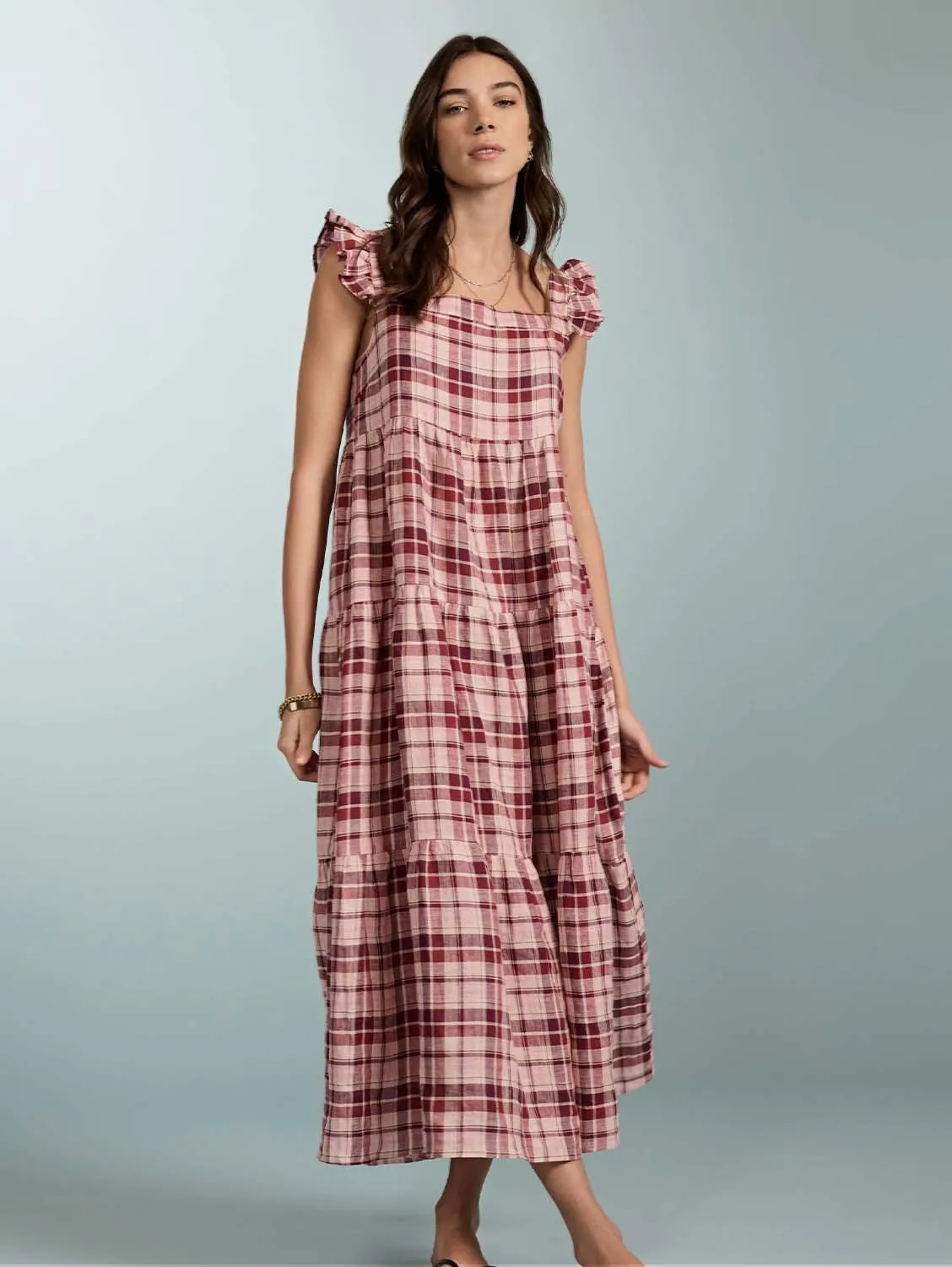 Katie Linen Dress | Burgundy Check