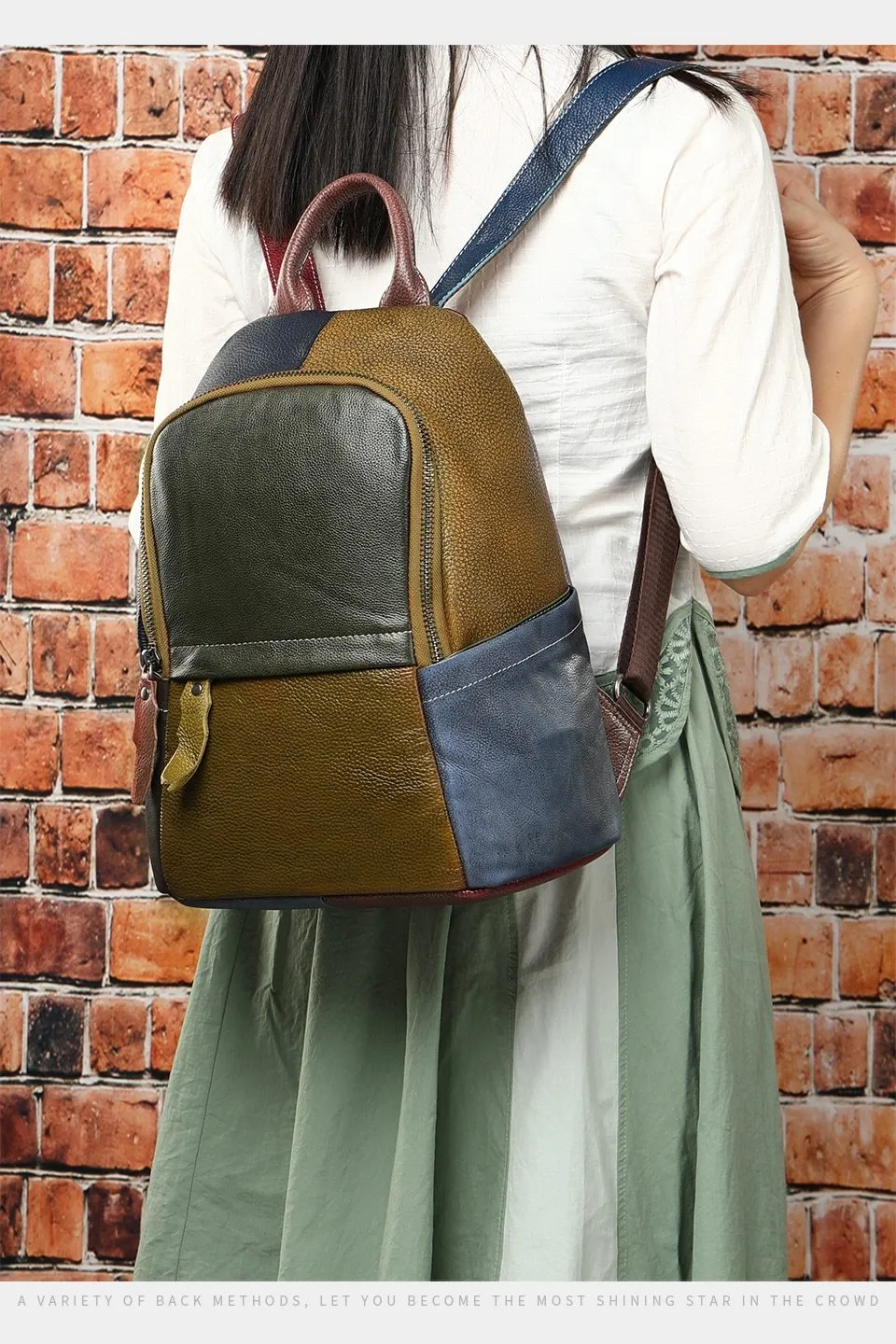 Large Colorful Green Yellow Blue and Red Pattern Genuine Leather Backpack