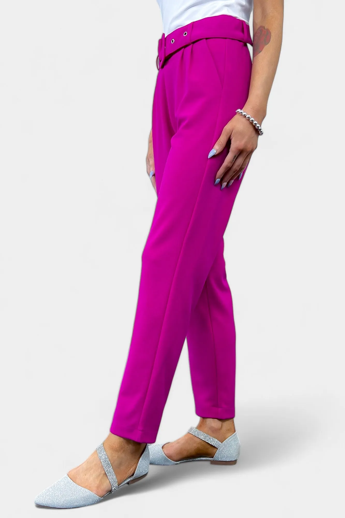 Magenta Belted Stretch Pants