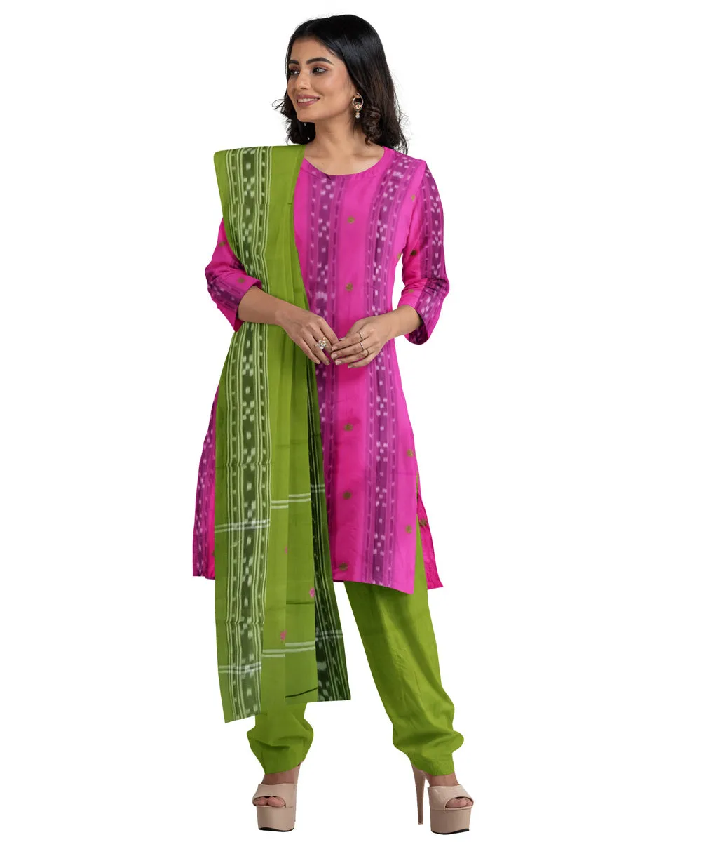 Magenta olive handwoven cotton nuapatna dress material