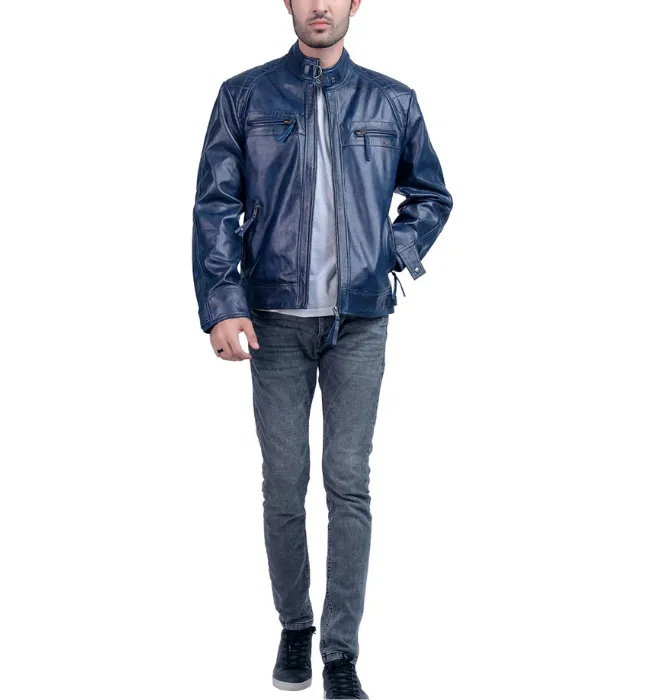 Men’s Quilted Cafe Racer Blue Leather Jacket