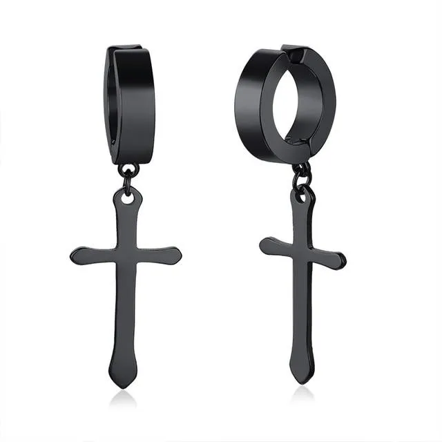 Men's Stainless Steel Black Crucifix Drop Earrings