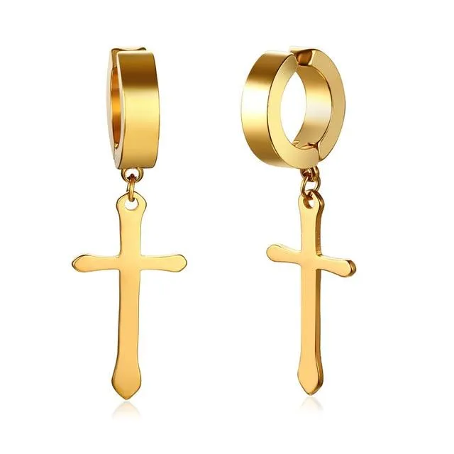 Men's Stainless Steel Black Crucifix Drop Earrings