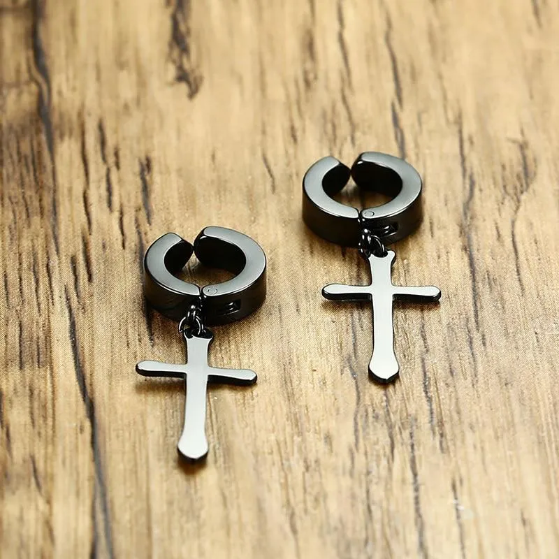 Men's Stainless Steel Black Crucifix Drop Earrings