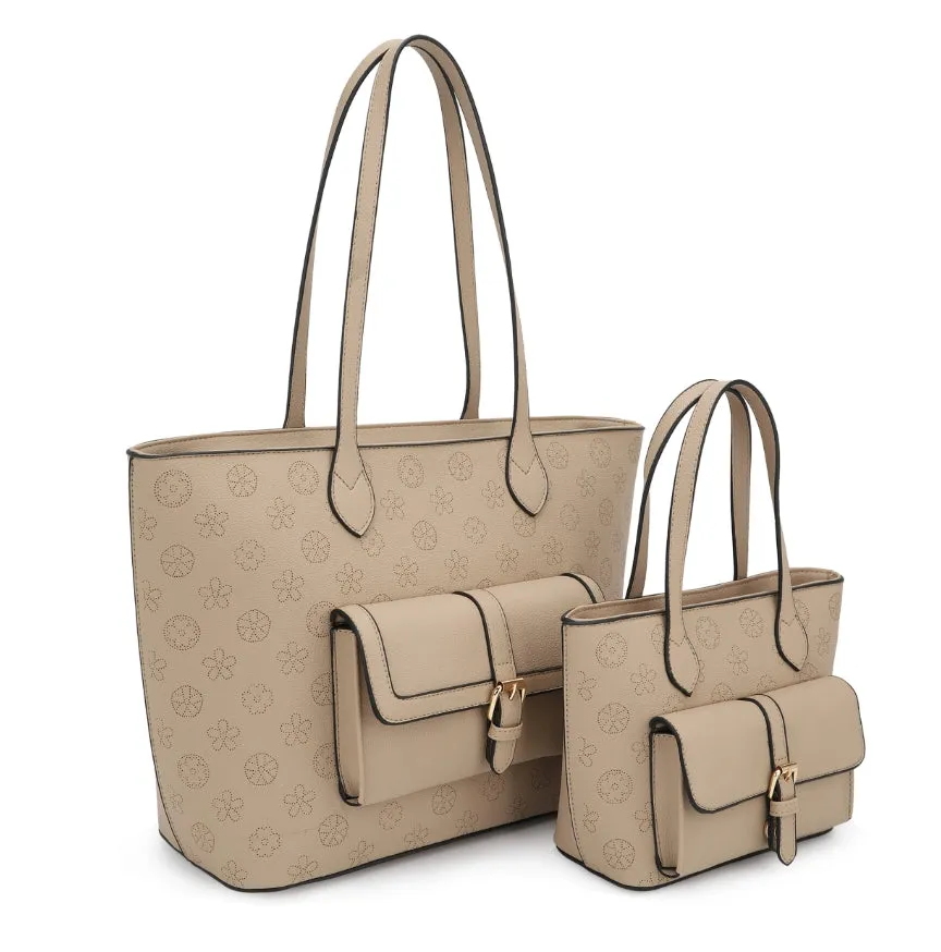 Monogram belted front pocket tote set - sand