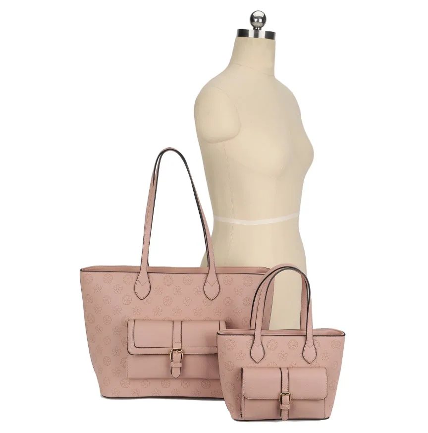 Monogram belted front pocket tote set - sand