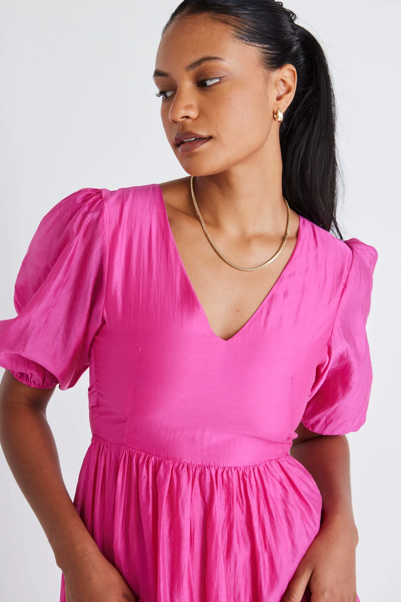 Musical Hot Pink Tie Back Puff Sleeve Maxi Dress