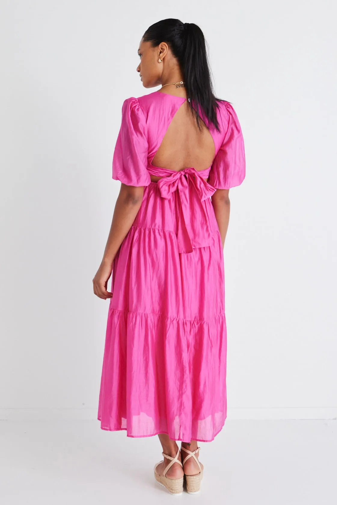 Musical Hot Pink Tie Back Puff Sleeve Maxi Dress