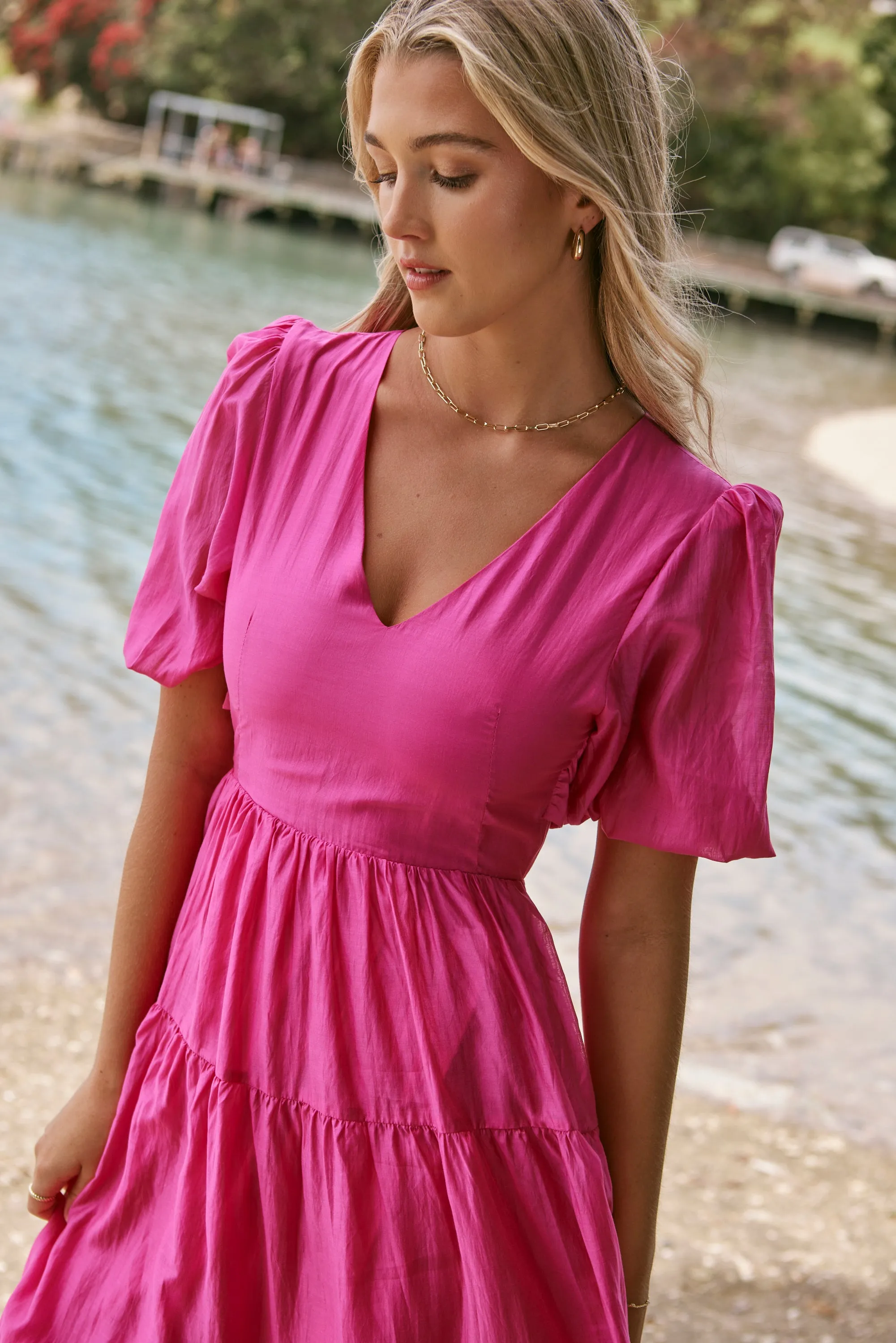 Musical Hot Pink Tie Back Puff Sleeve Maxi Dress