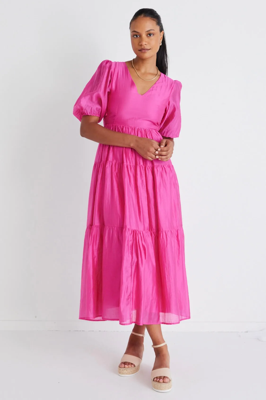 Musical Hot Pink Tie Back Puff Sleeve Maxi Dress