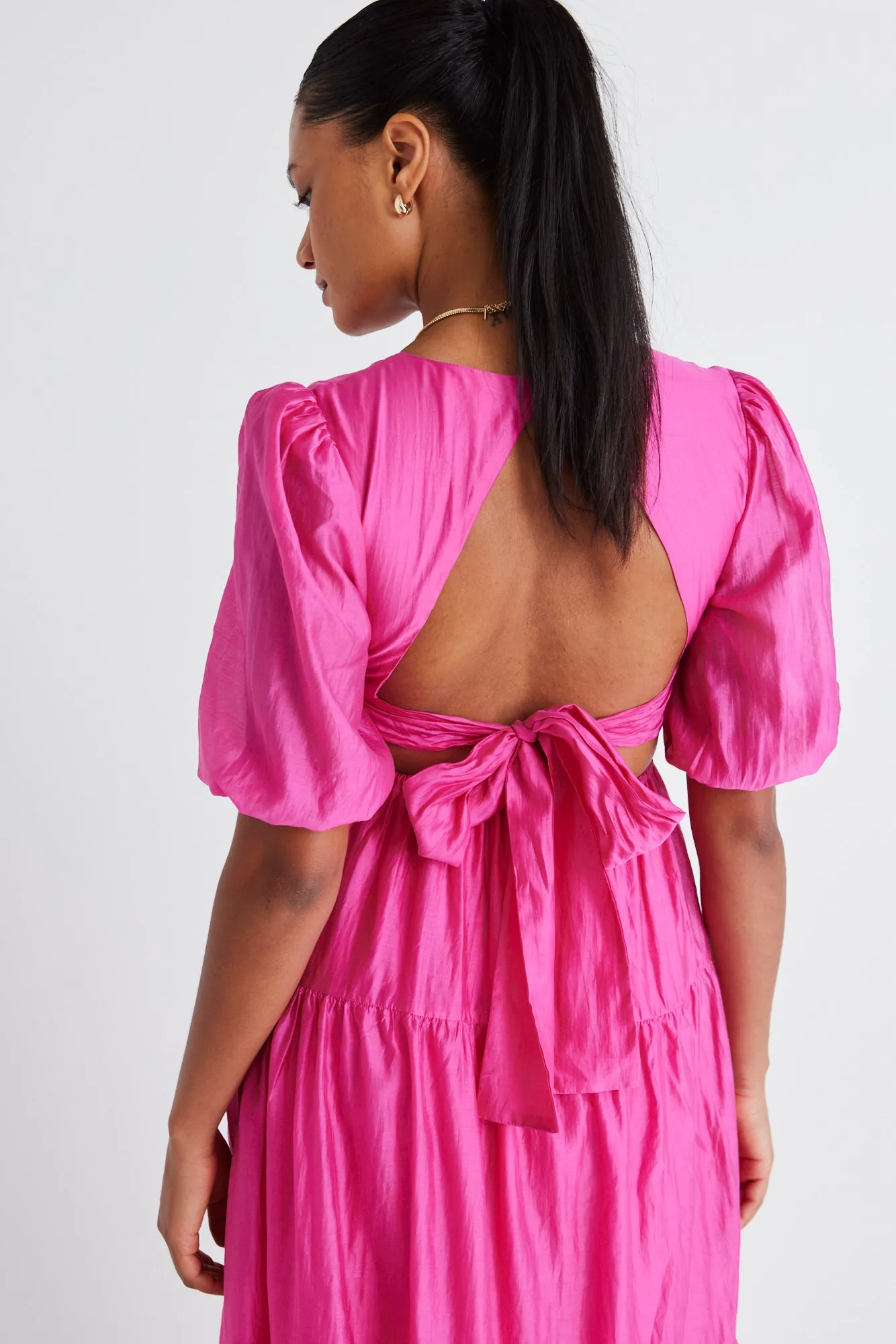 Musical Hot Pink Tie Back Puff Sleeve Maxi Dress