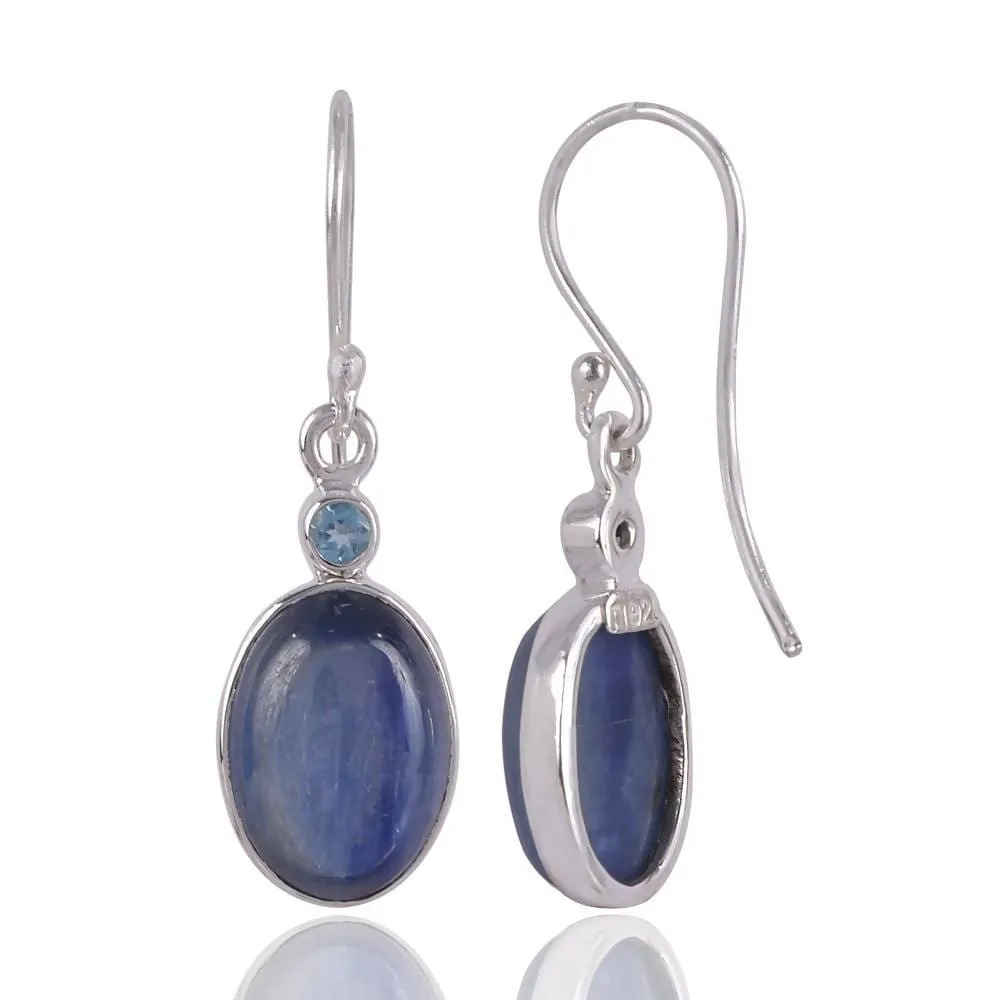 Natural Kyanite Cabochon and Swiss Blue Topaz Gemstone Handcrafted Sterling Silver Earring