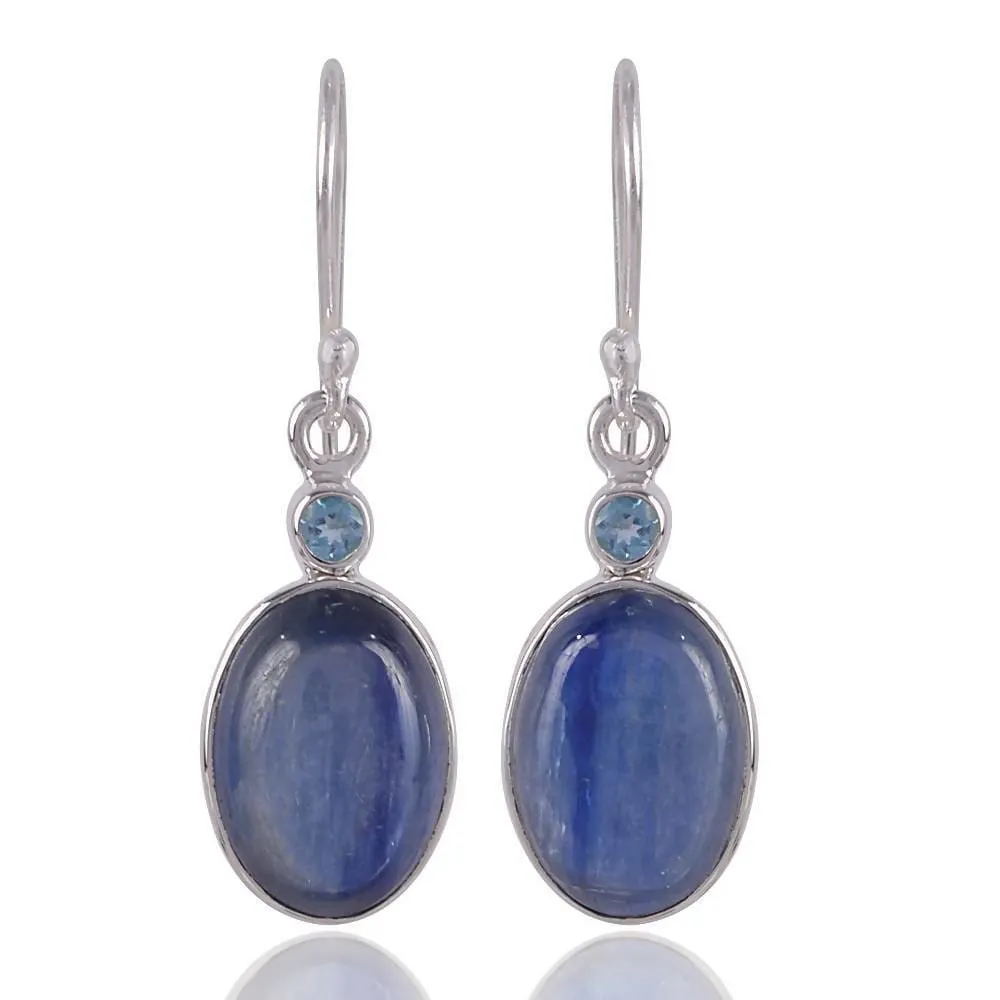 Natural Kyanite Cabochon and Swiss Blue Topaz Gemstone Handcrafted Sterling Silver Earring