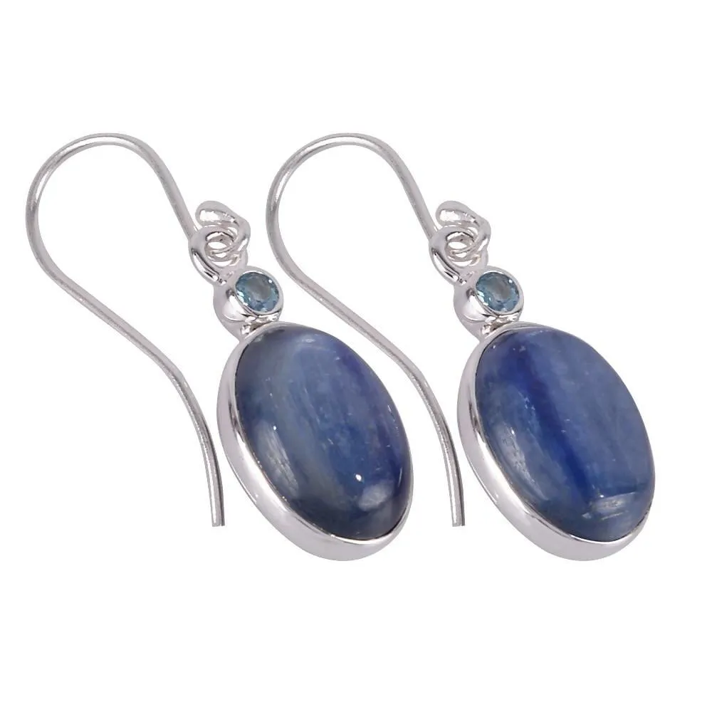 Natural Kyanite Cabochon and Swiss Blue Topaz Gemstone Handcrafted Sterling Silver Earring