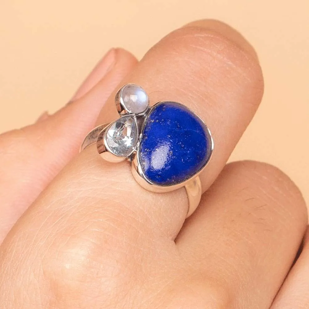 Natural Lapis Lazuli Ring, Fancy Cabochon Ring, Blue Topaz, Rainbow Moonstone 925 Sterling Silver Ring, Semi Precious Stone Ring, Nickle Free, Handmade Jewelry