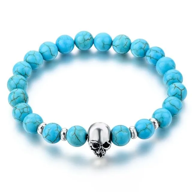 Natural Stone Elastic Beaded Skull Bracelet