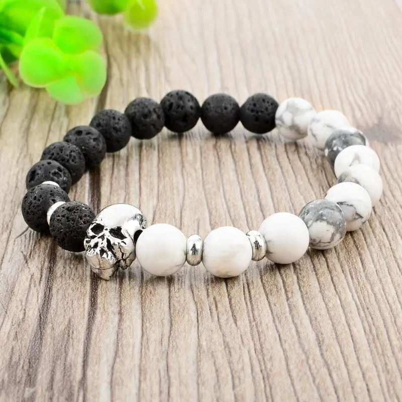 Natural Stone Elastic Beaded Skull Bracelet