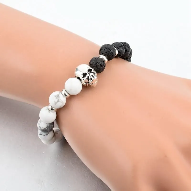 Natural Stone Elastic Beaded Skull Bracelet