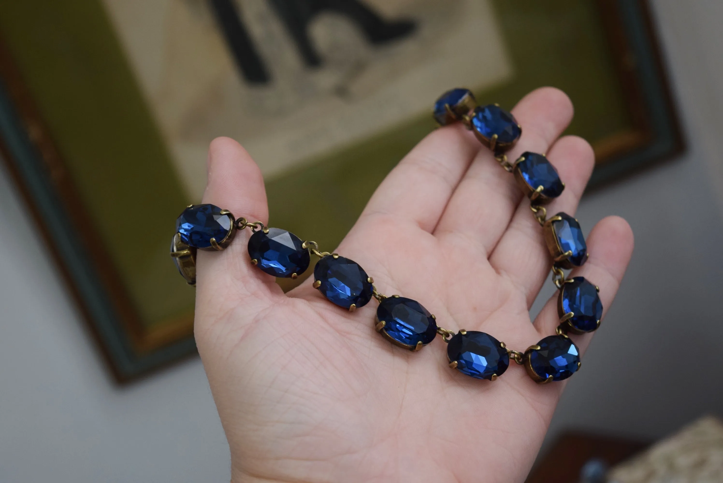 Navy Blue Aurora Crystal Collet Necklace - Large Oval