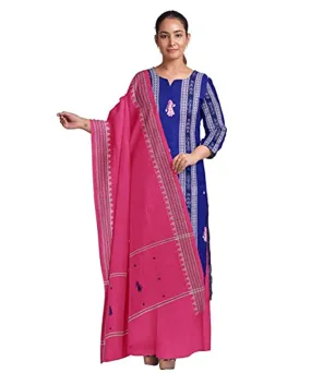 Navy blue pink handwoven cotton nuapatna dress material