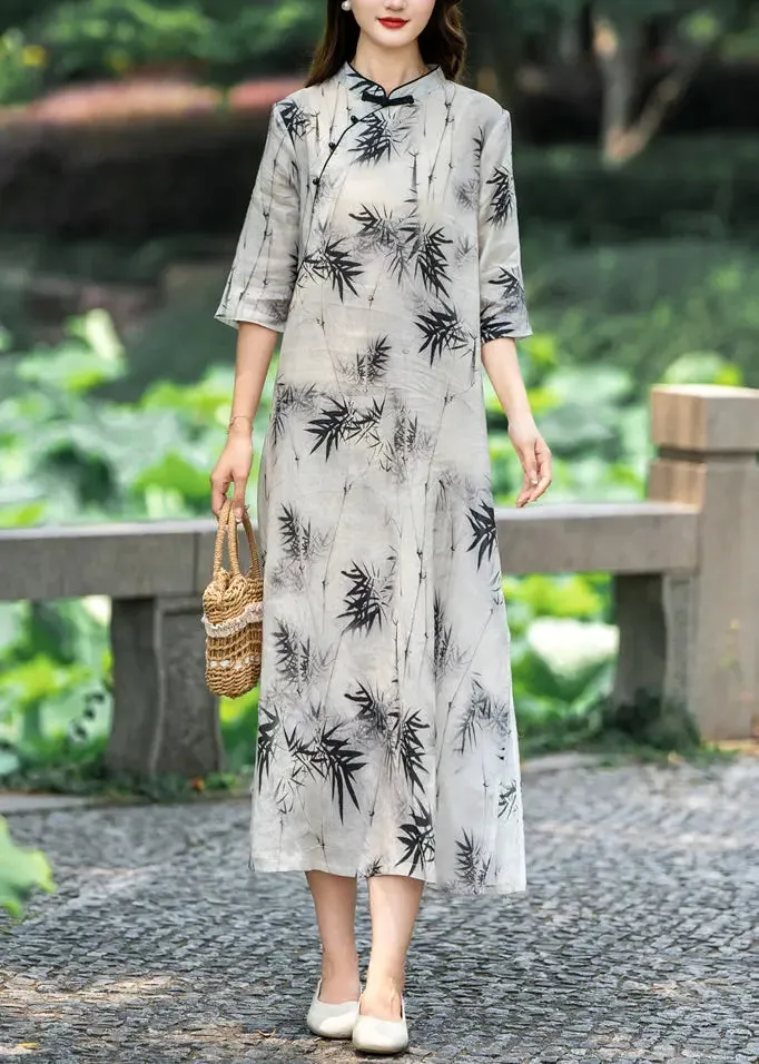 New Light Grey Stand Collar Button Print Linen Dresses Half Sleeve CG1048