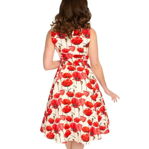 Off White Red Poppy Vintage Belted 1950s Swing Dress