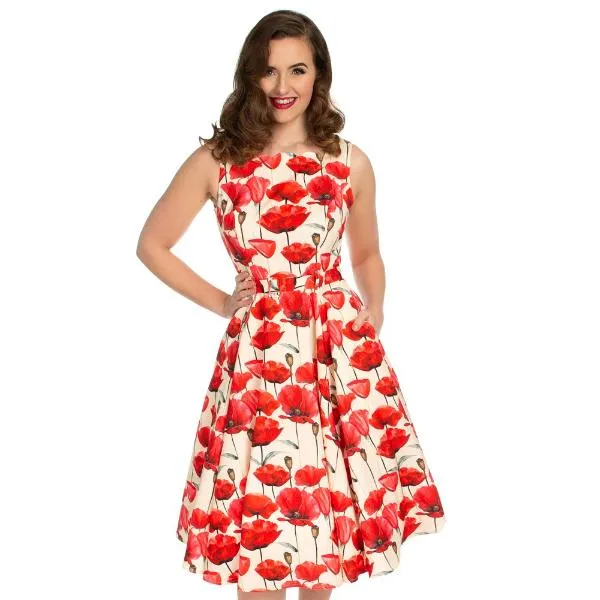 Off White Red Poppy Vintage Belted 1950s Swing Dress