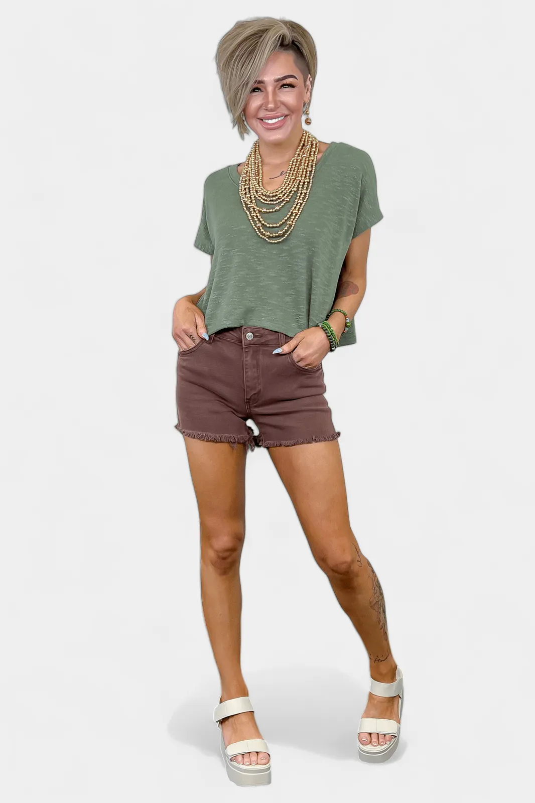 Olive V Neck Short Sleeve Crop Top