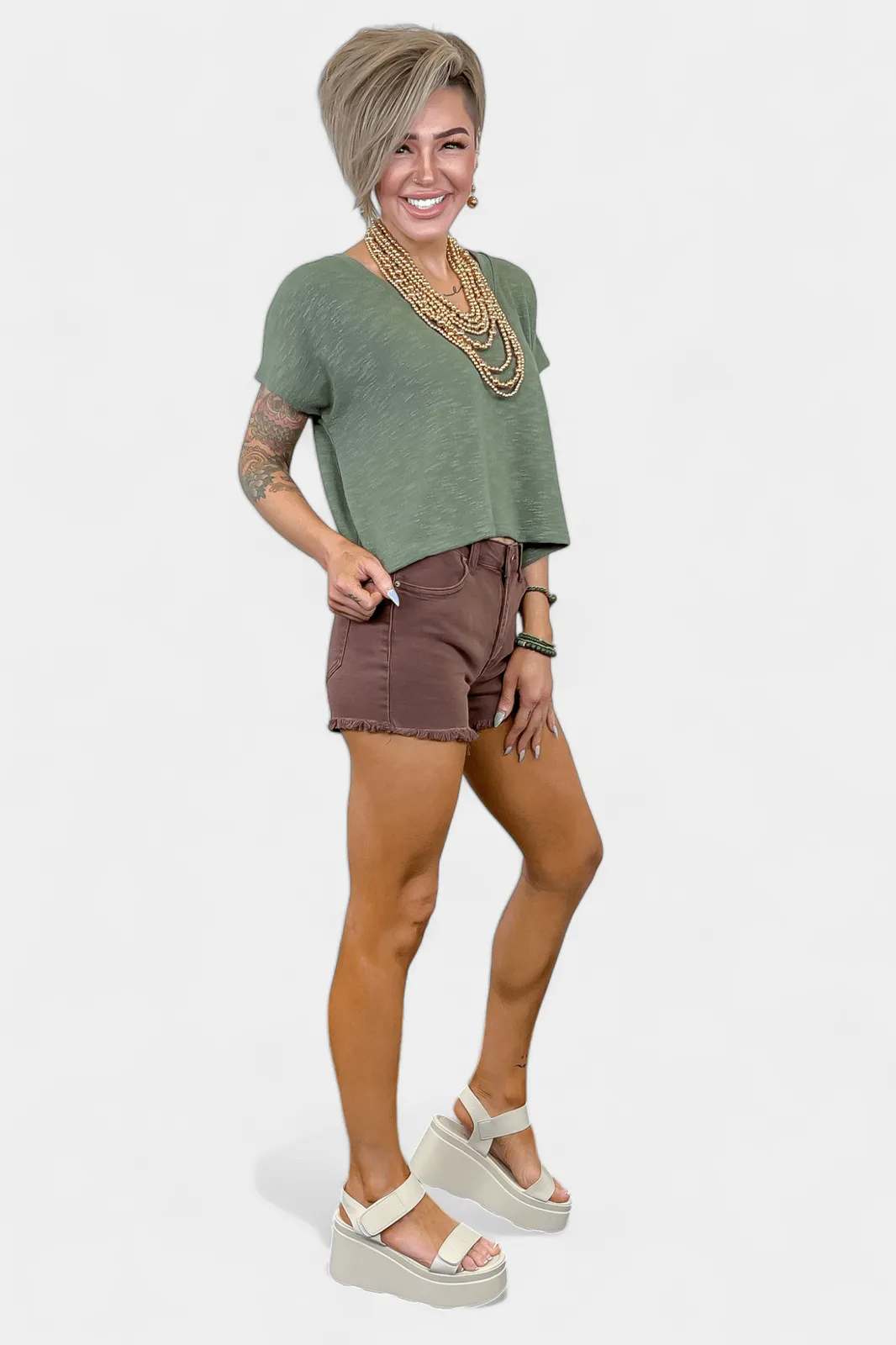 Olive V Neck Short Sleeve Crop Top