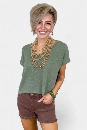 Olive V Neck Short Sleeve Crop Top