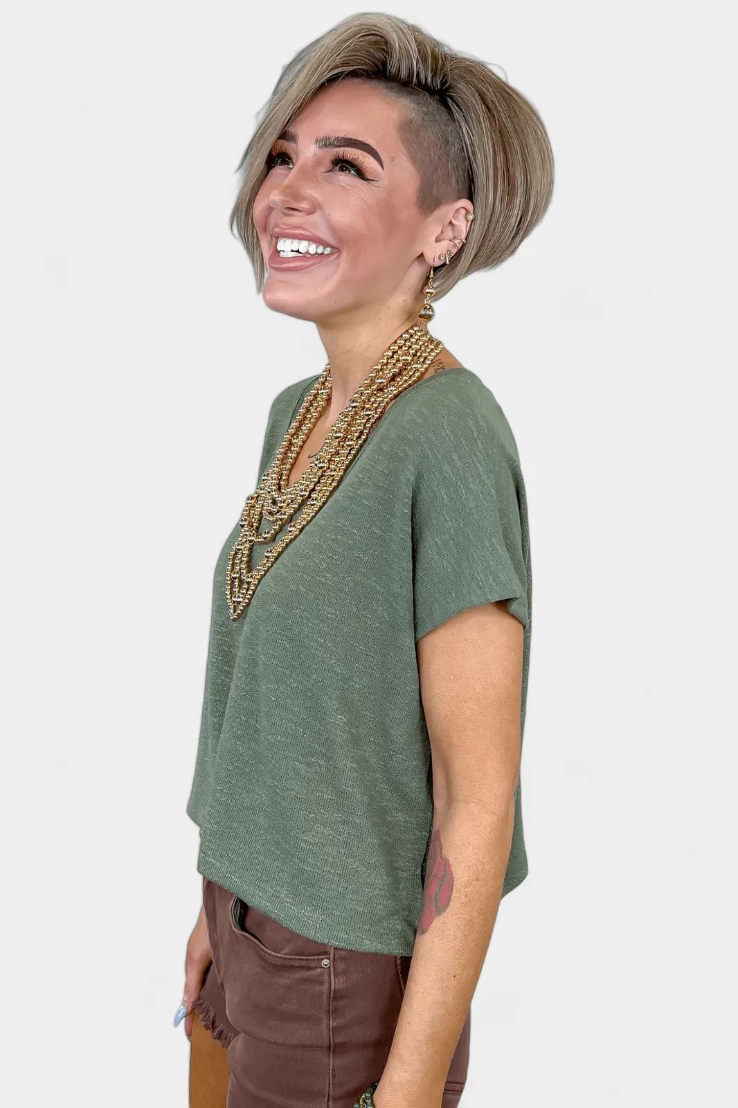 Olive V Neck Short Sleeve Crop Top