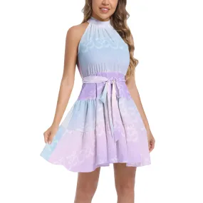 Pastel Aum Ruffle Hem Belted Halter Dress