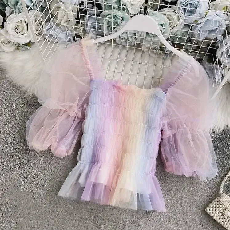 Pastel Rainbow Kawaii Princess Tulle Blouse