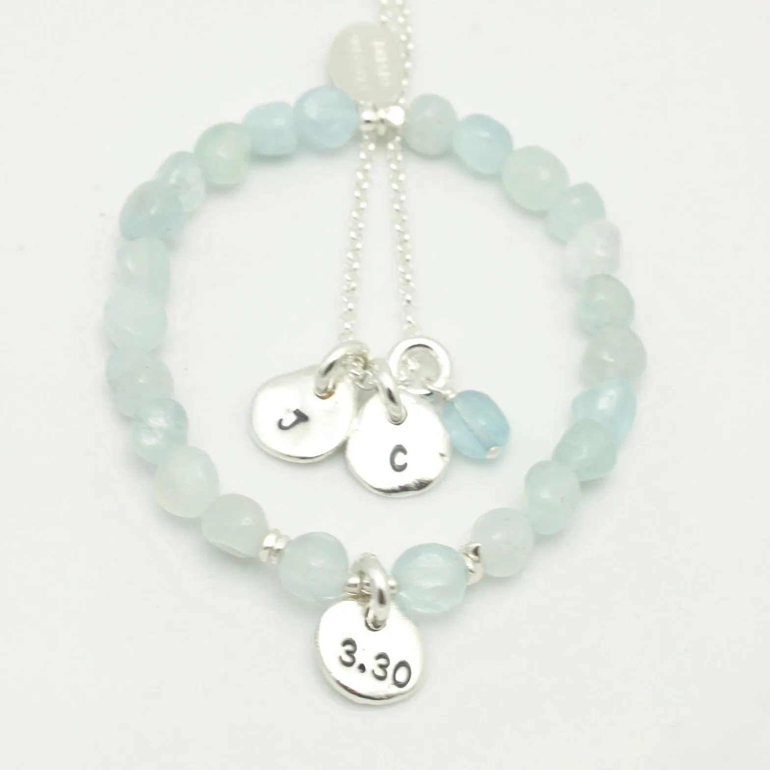 Personalized Aquamarine Nugget & Fine Silver Pendant Stretch Bracelet