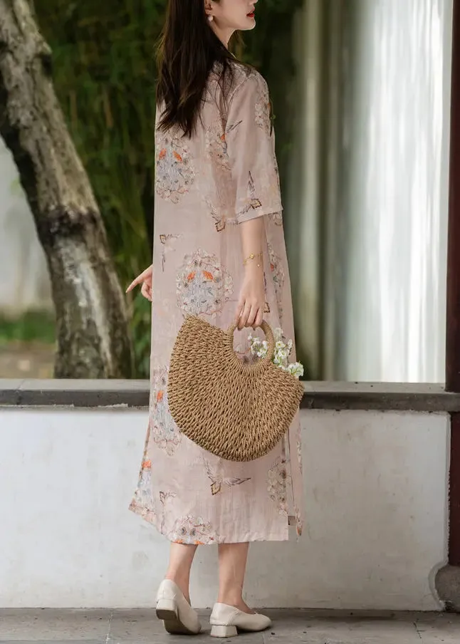 Pink Side Open Print Linen Long Dresses Stand Collar Summer CG1006