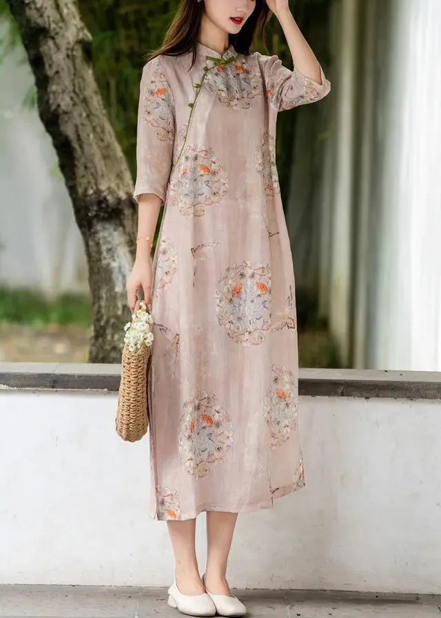 Pink Side Open Print Linen Long Dresses Stand Collar Summer CG1006