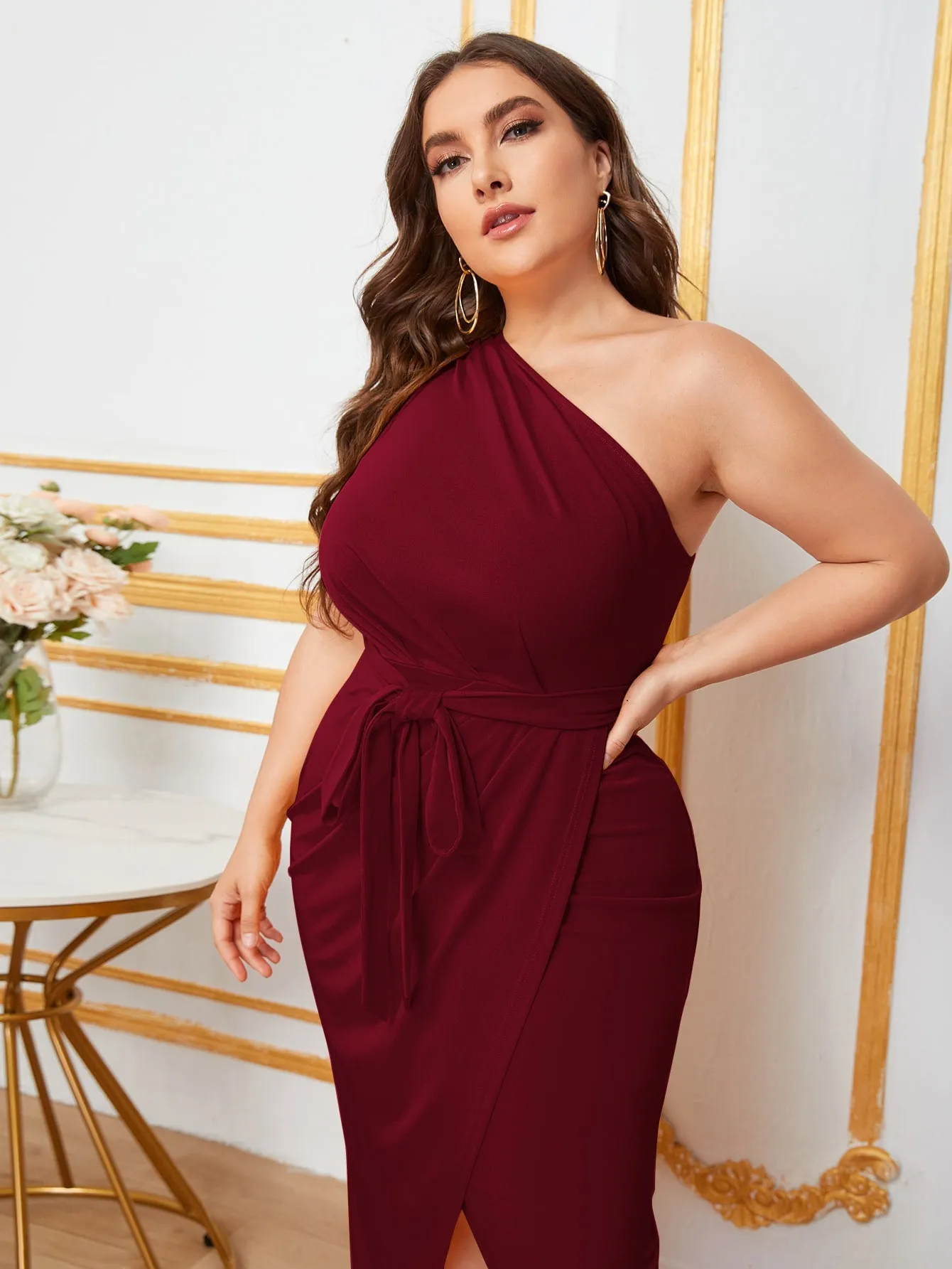 Plus One Shoulder Self Belted Wrap Hem Dress