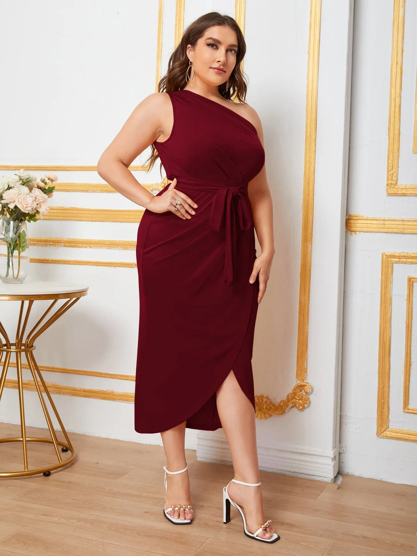 Plus One Shoulder Self Belted Wrap Hem Dress