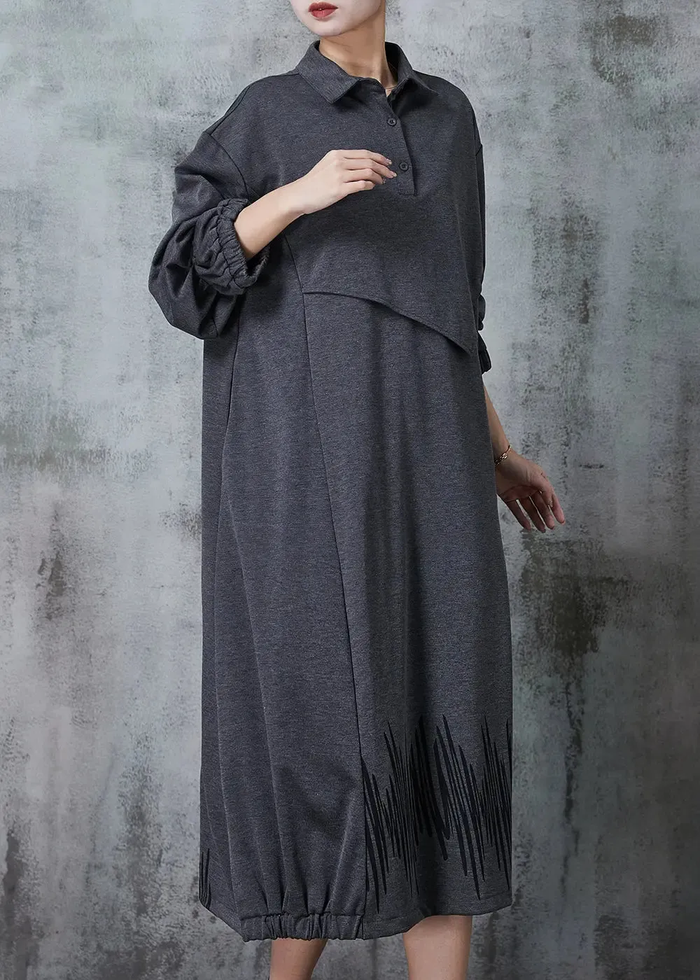 Plus Size Grey Peter Pan Collar Patchwork Cotton Maxi Dresses Spring JK1030