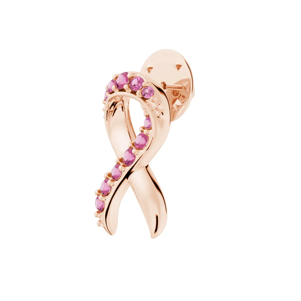 "Faith Over Fear" Ribbon Brooch Pin In Rose Gold With Pavé Pink Sapphires