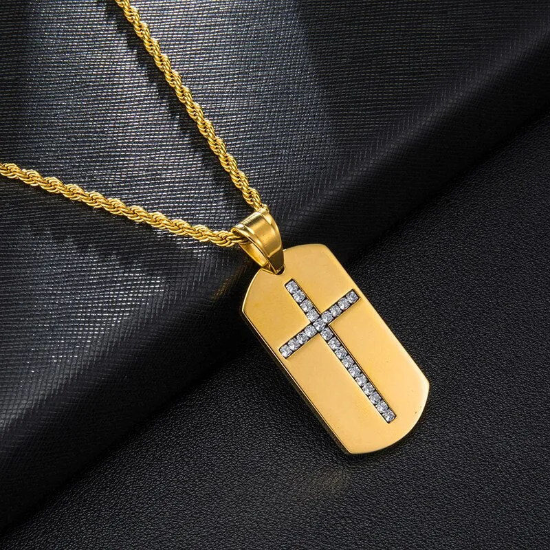 Rhinestone-Studded Dog Tag Cross Bling Stainless Steel Hip-hop Pendant Necklace