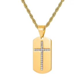 Rhinestone-Studded Dog Tag Cross Bling Stainless Steel Hip-hop Pendant Necklace