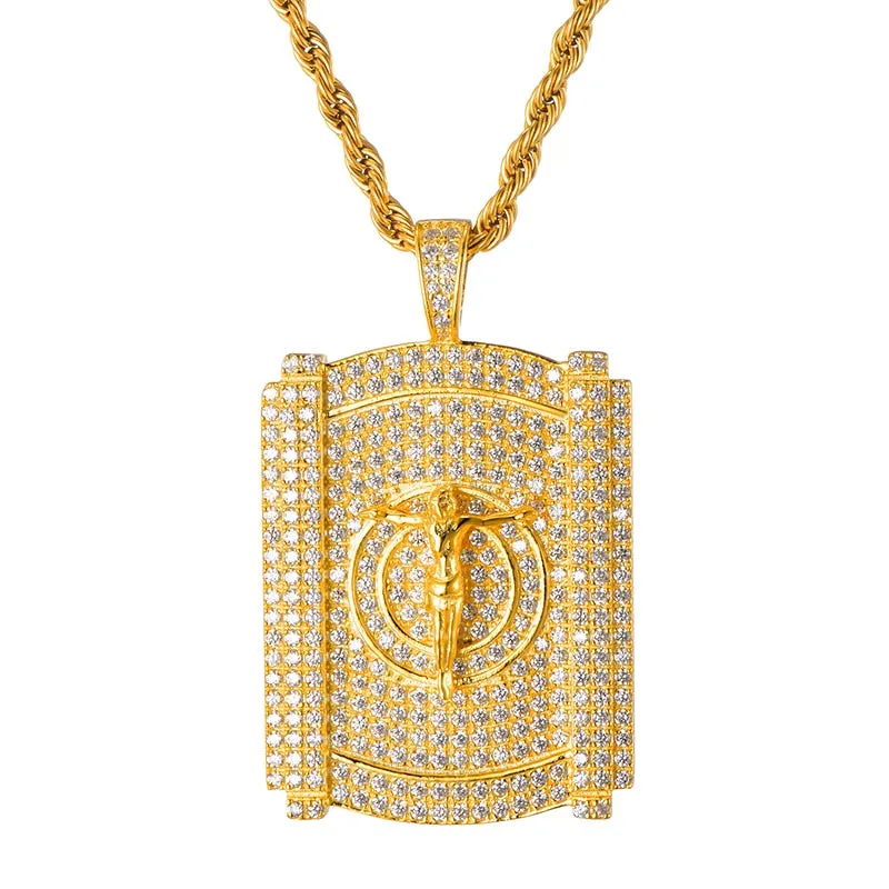 Rhinestone-Studded Gold-Plated Jesus Bling Rope Chain Hip-hop Pendant Necklace