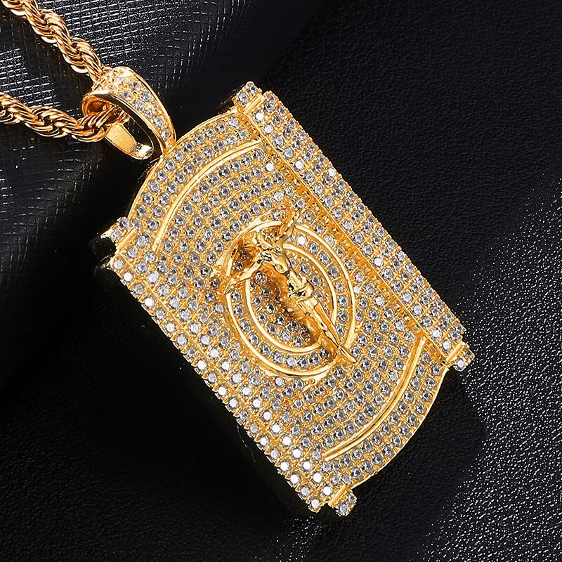 Rhinestone-Studded Gold-Plated Jesus Bling Rope Chain Hip-hop Pendant Necklace