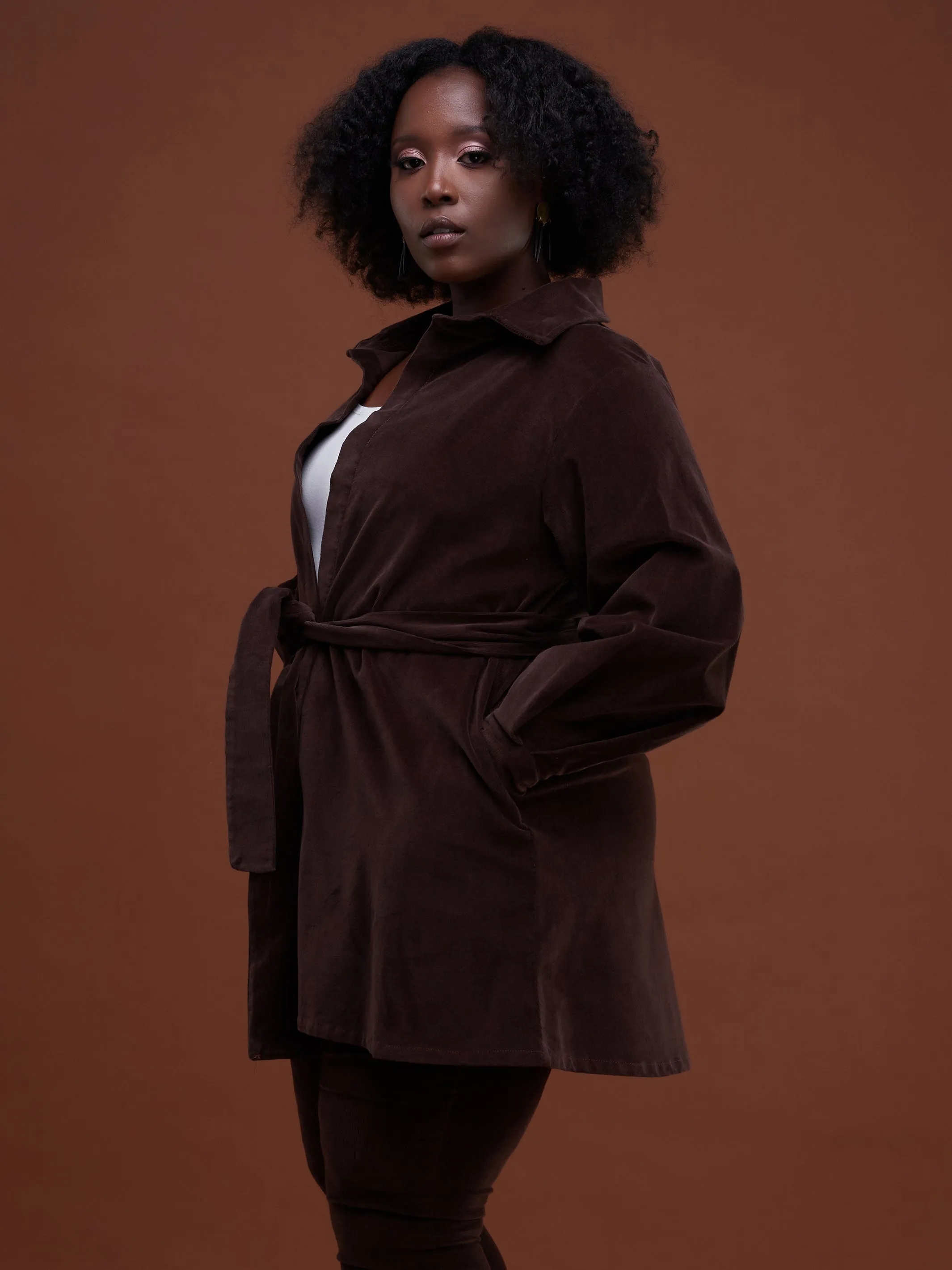 Safari Basic Belted Corduroy Coat (Long) - Brown