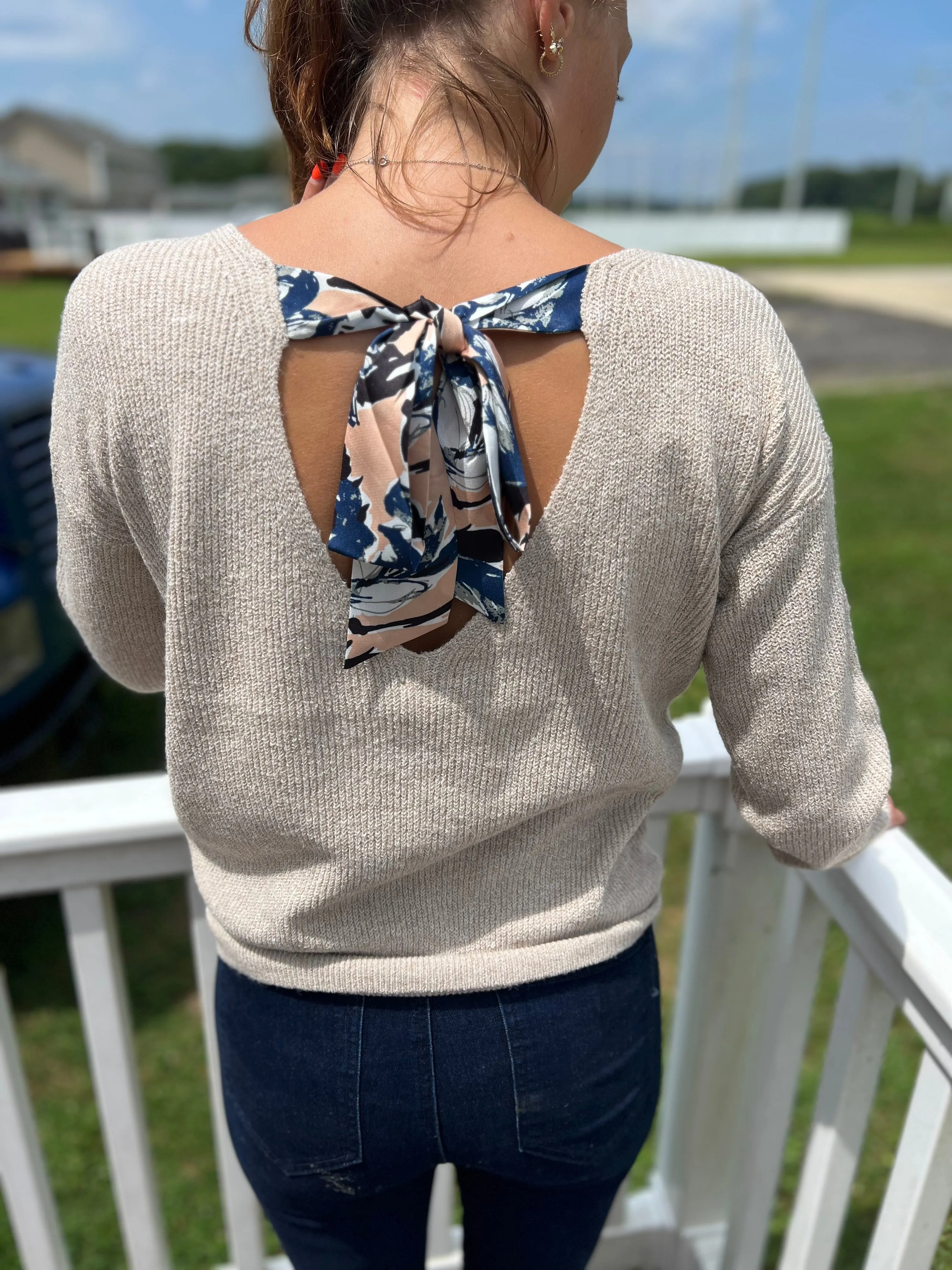 Satin Flower Print Back Bow Sweater