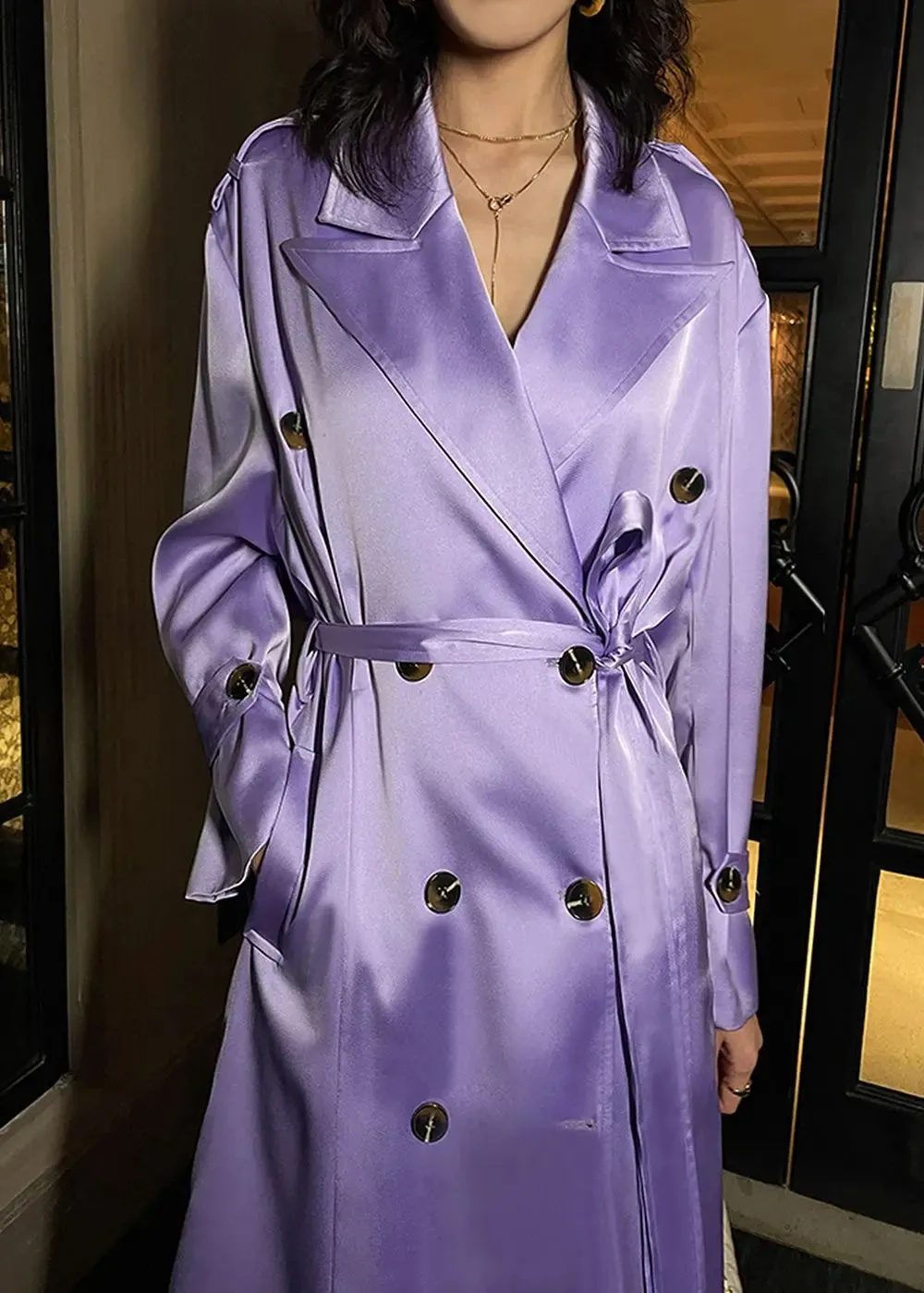 Satin Wide Lapel Double Breasted Long Coat