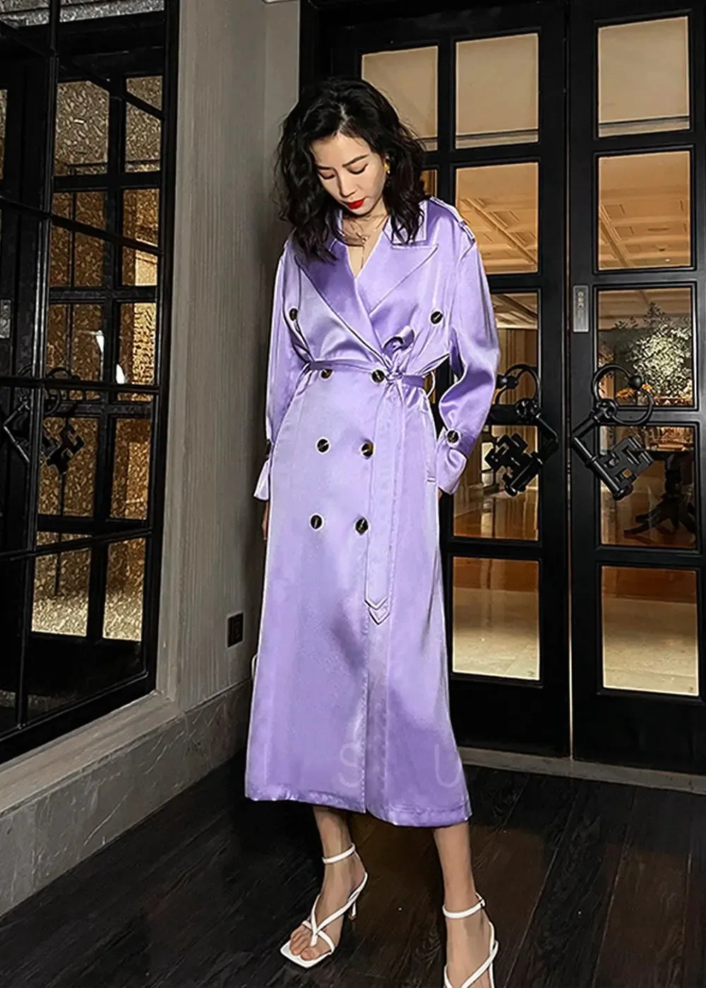 Satin Wide Lapel Double Breasted Long Coat