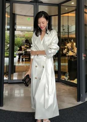 Satin Wide Lapel Double Breasted Long Coat